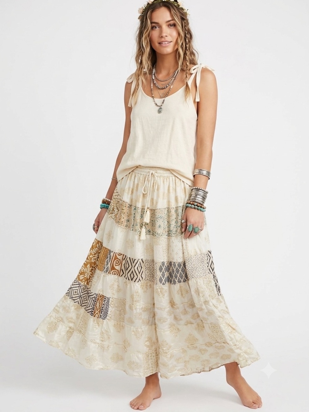 50. Boho Patchwork Sari Silk Maxi Skirt Festival Hippie Gypsy One Size India